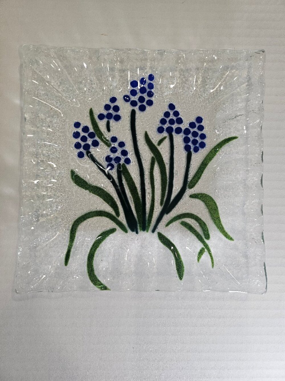 Clear Textured & Frosted Art Glass Square Plate With Fused Glass Grape Hyacinth